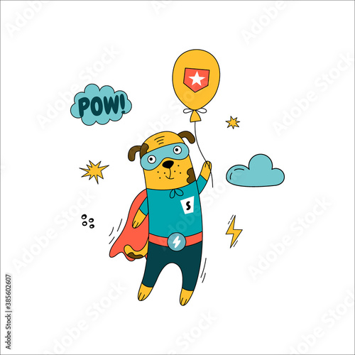 Hand-drawn dog in superhero costume.