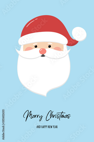 Christmas greeting card with happy Santa Claus head. Vector