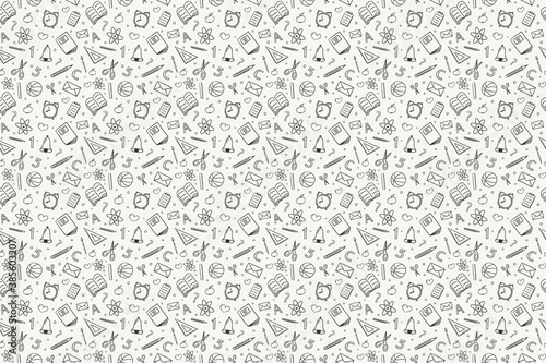 School background. Seamless texture with funny hand drawn icons. Vector