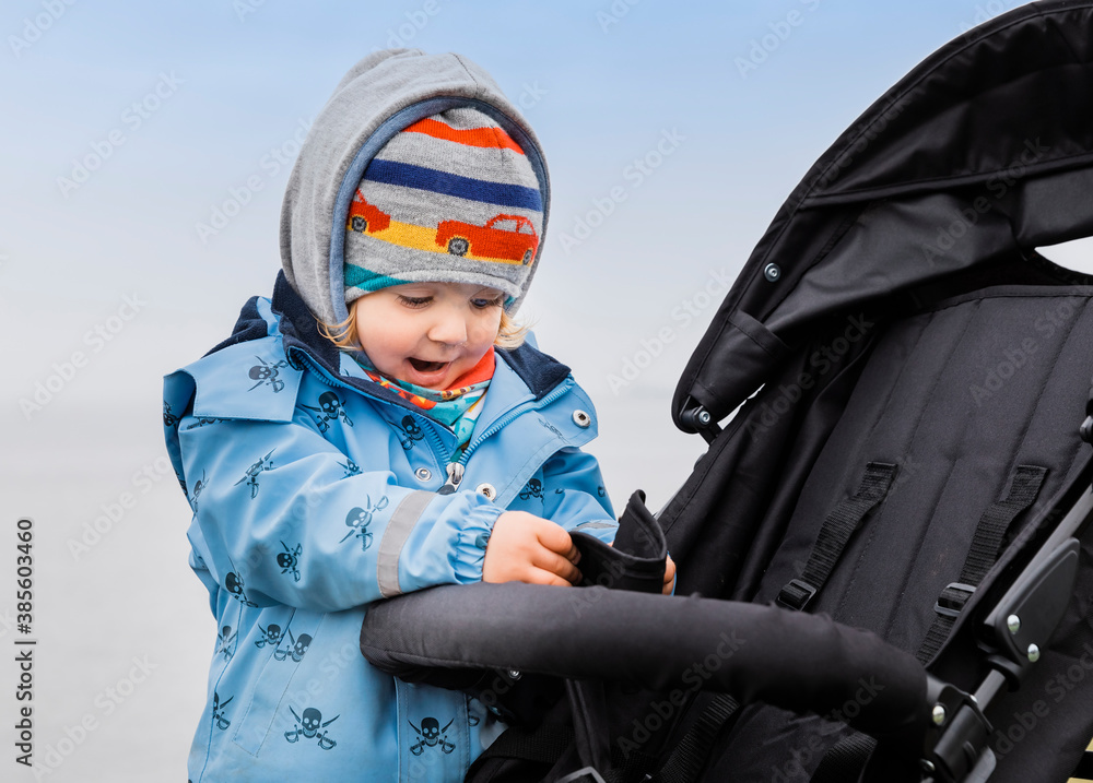 Toddler girl examining safety belt and buckle of buggy Toddler girl examining safety belt and buckle of buggy