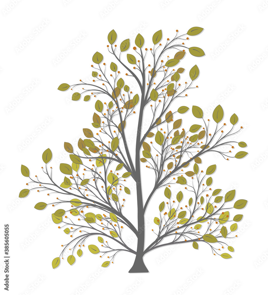 Autumn tree with yellow leaves and berries on a white background Autumn tree with yellow leaves and berries on a white background