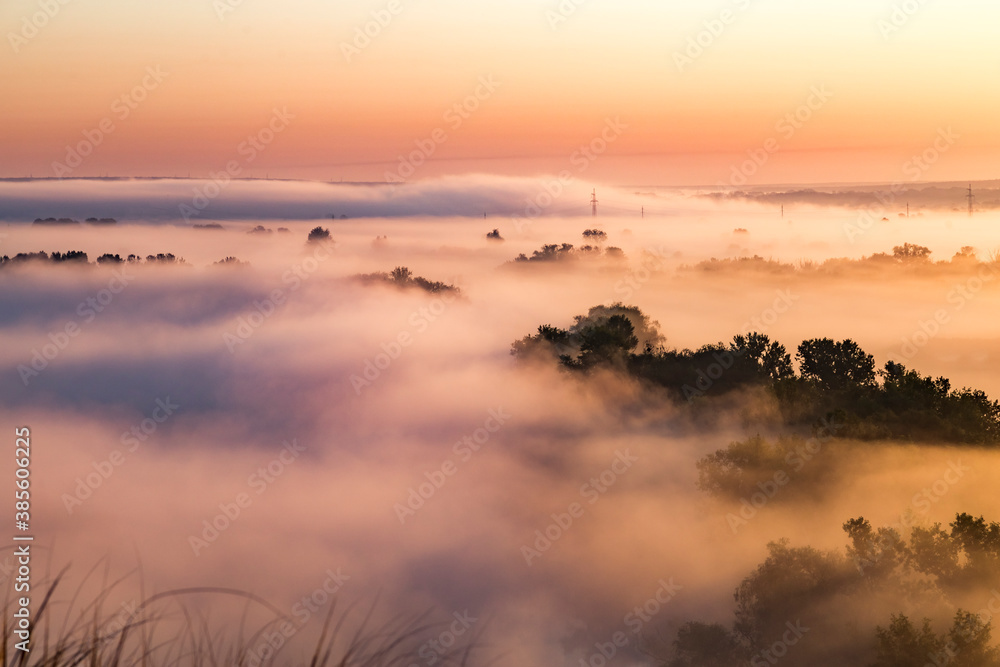 Fototapeta premium Beautiful panoramic landscape with river valley covered by thick fog in autumn in the early morning. Sunrise.