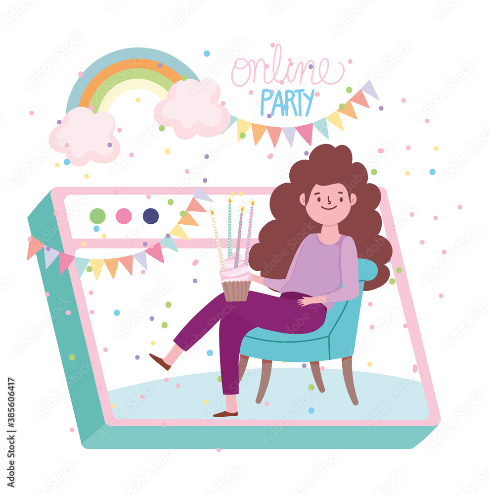online party, celebration birthday girl with cupcake and candles