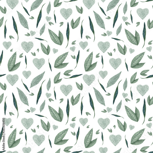 Watercolor seamless pattern on the theme of cleanliness and hygiene. Includes various shaped soaps and decorative leaves. Image for cosmetics and skin care products.