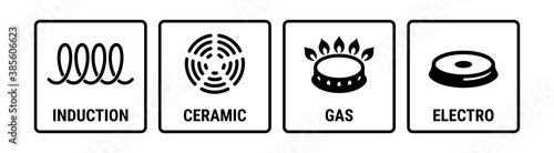 Induction icon, electric hob and gas cooking stove or ceramic oven grate cooker, vector symbol. Induction, electro, gas and ceramic icons, cookware pans surface suitable use logo signs