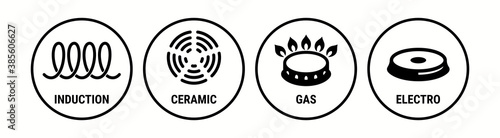 Induction icon, ceramic, gas and electric cooking hob vector symbols. Coking stove or oven grate cooker and pans surface cookware icons of induction, electro, gas and ceramic logo signs photo