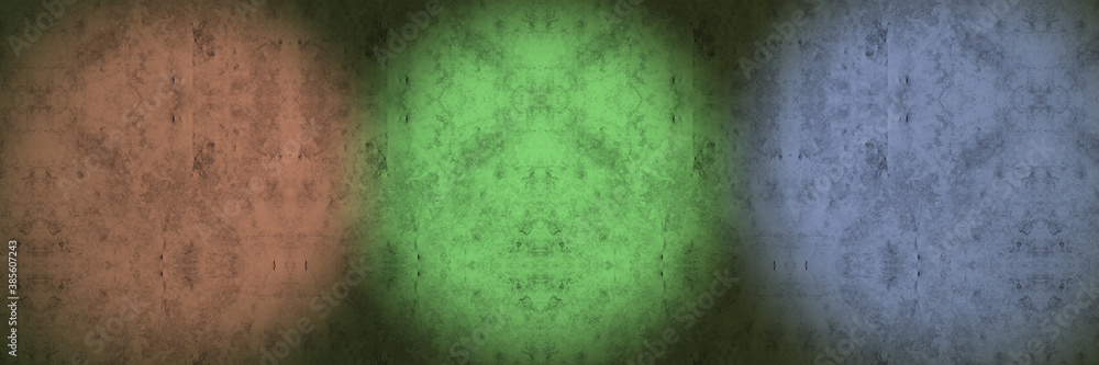 Red, green and blue lights in grunge wall. Large horizontal image Red, green and blue lights in grunge wall. Large horizontal image
