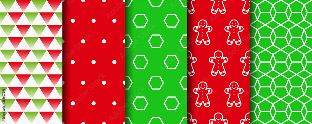Festive seamless background with xmas, polka dot and geometric fabric ornament. Five Christmas seamless patterns set. Holiday wrapping paper. New year textures. Vector Festive seamless background with xmas, polka dot and geometric fabric ornament. Five Christmas seamless patterns set. Holiday wrapping paper. New year textures. Vector