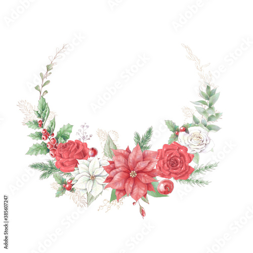 Watercolor Christmas wreath with poinsettia flowers. Holiday decor elements for the New Year
