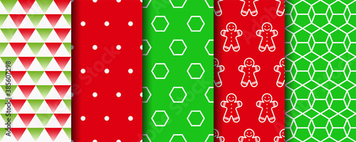 Festive seamless background with xmas, polka dot and geometric fabric ornament. Five Christmas seamless patterns set. Holiday wrapping paper. New year textures. Vector