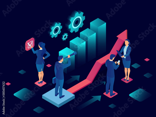 Business analysis and strategy concept. Vector of business people looking for new market opportunities