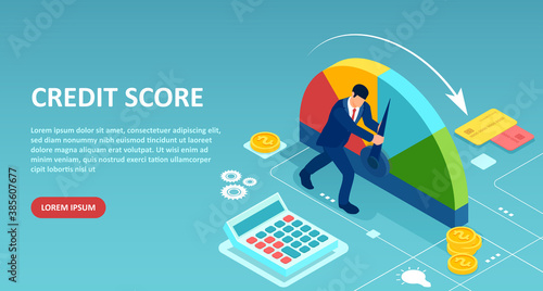 Vector of a businessman pushing scale arrow changing credit history from poor to good.