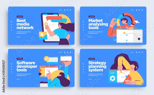Set of Presentation slide templates or landing page websites design. Business concept illustrations. Modern flat style.