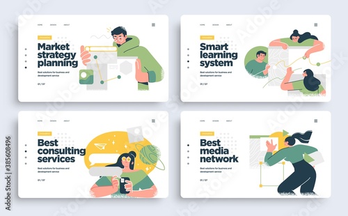 Set of Presentation slide templates or landing page websites design. Business concept illustrations. Modern flat style.