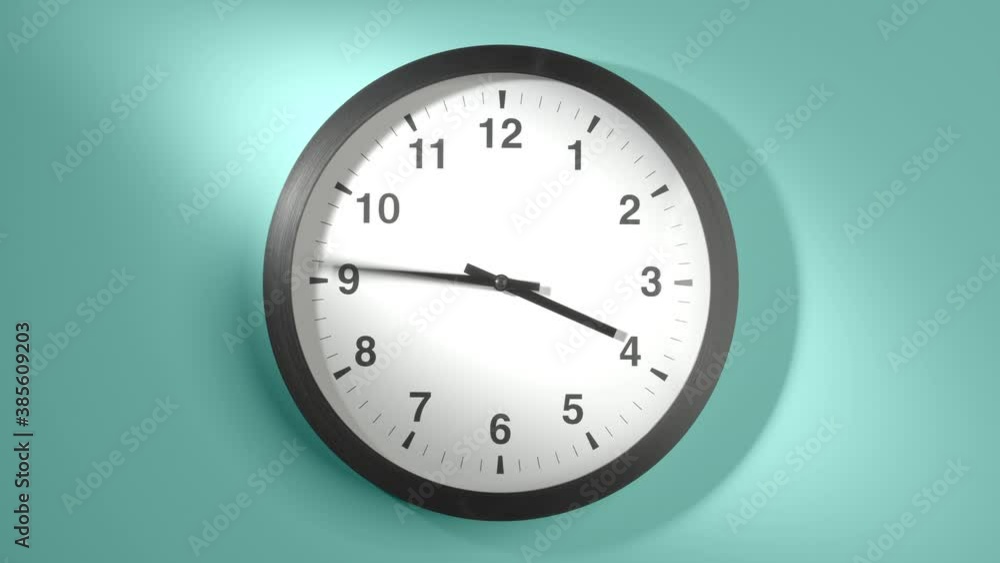 Clock Face in Time Lapse on Cyan Aquamarine Celadon Sea-Green Wall in Office