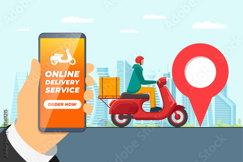 Safe contactless delivery service app concept. Boy courier in motorbike helmet on scooter moped delivering package box. Online ordering mobile application on cityscape and location pin illustration