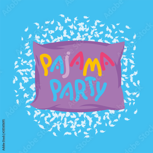 PAJAMA PARTY SIGN DESIGN DECORATED WITH FEATHERS. iSOLATED ON BLUE BACKGROUND. VECTOR IILLUSTRATION, CARD, POSTER