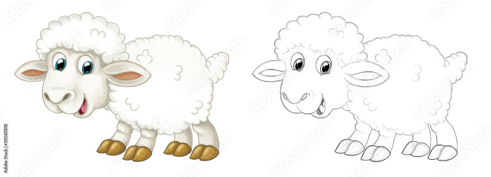 Cartoon sketch scene sheep is standing looking and smiling - illustration Cartoon sketch scene sheep is standing looking and smiling - illustration