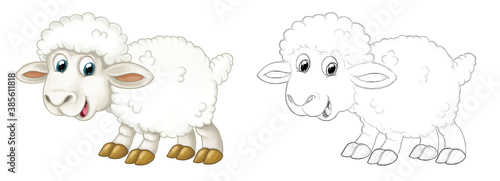 Cartoon sketch scene sheep is standing looking and smiling - illustration