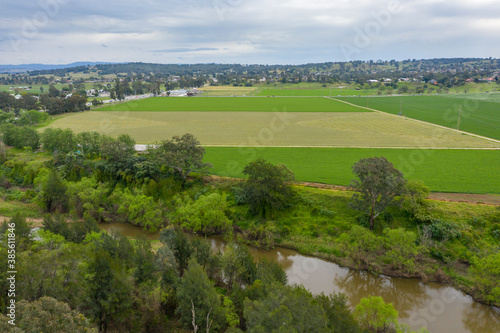 Aerial view of green farmland in regional New South Wales in Australia