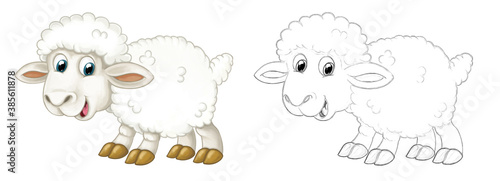 Cartoon sketch scene sheep is standing looking and smiling - illustration