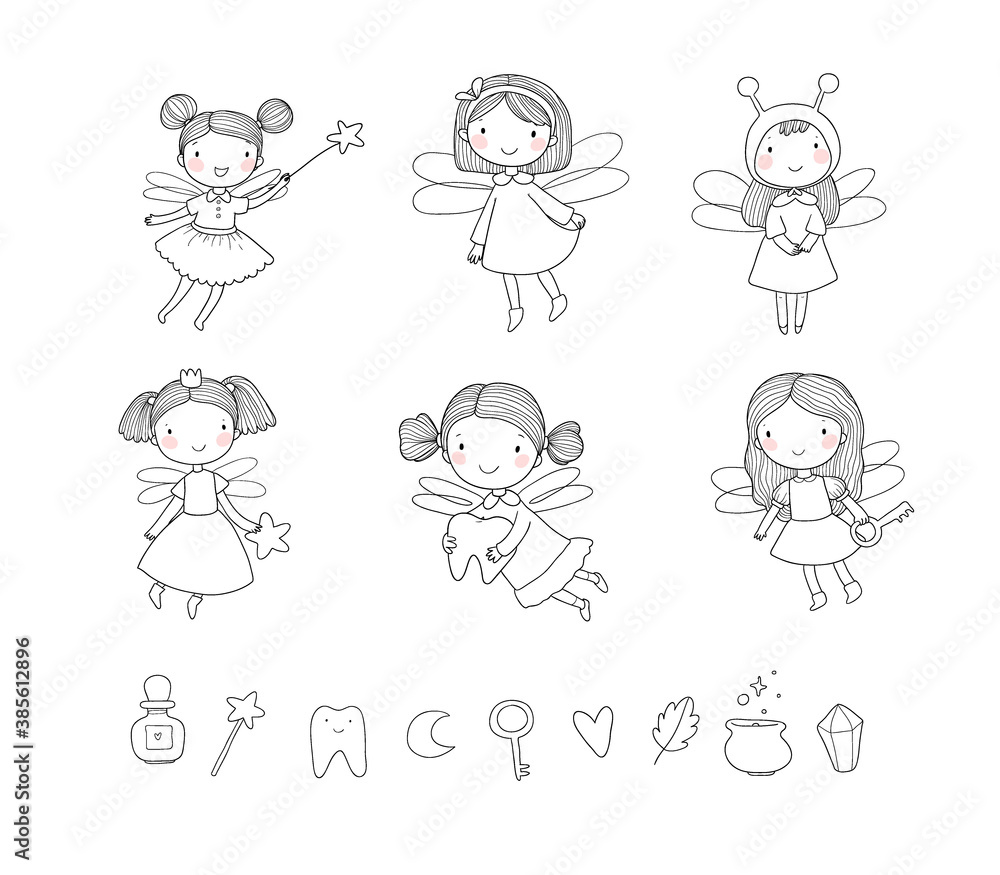 Cute cartoon fairies. Fairy elves. Childrens illustration. tooth Fairy
