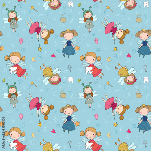 Pattern with cute cartoon fairies. Fairy elves. Childrens illustration. tooth Fairy