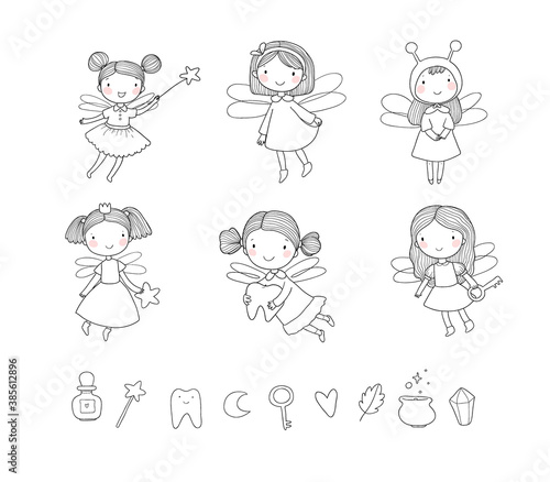 Cute cartoon fairies. Fairy elves. Childrens illustration. tooth Fairy