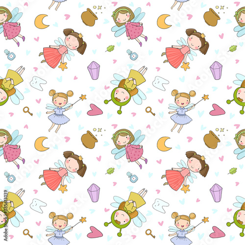 Fototapeta Naklejka Na Ścianę i Meble -  Pattern with cute cartoon fairies. Fairy elves. Childrens illustration. tooth Fairy