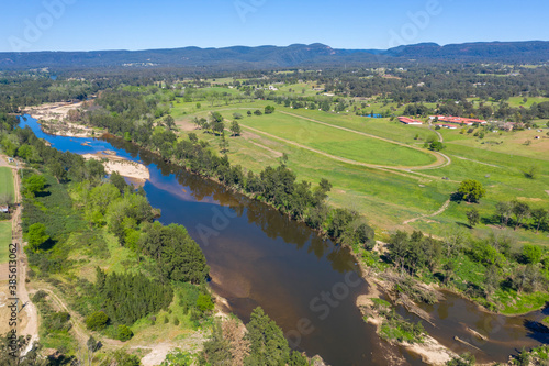 Aerial view of the Hawkesbury River and farmland in regional New South Wales in Australia