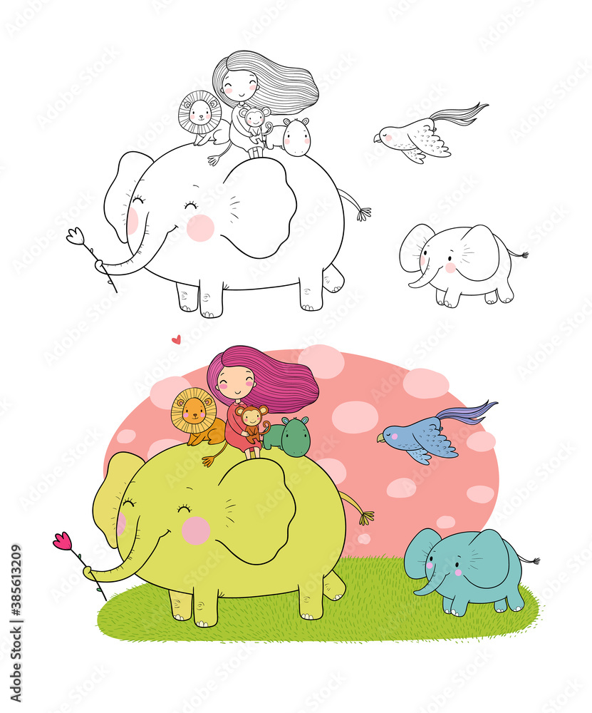 Fototapeta premium Cute cartoon girl, elephant, monkey and hippo. African animals.