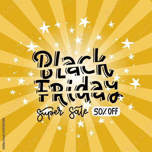 Discount banner square shape. Black friday uper sale badge. Abstract rays yellow background. Modern concept design. Banner with offer lettering. Flat Vector illustration.