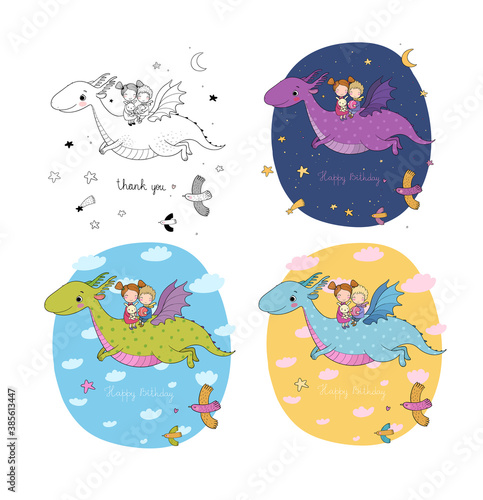 cute little kids are flying a dragon. Cartoon brother, sister and dinosaur.
