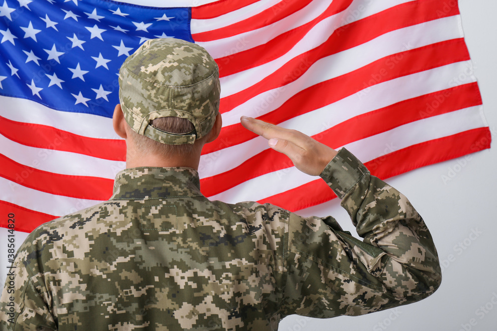 Soldier in uniform and United states of America flag on white background, back view Soldier in uniform and United states of America flag on white background, back view