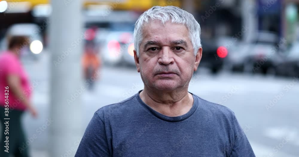 Portrait 60 year old senior man standing in city sidewalk Portrait 60 year old senior man standing in city sidewalk