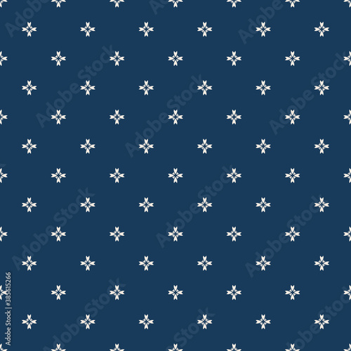 Vector floral texture. Geometric seamless pattern with small flower silhouettes, crosses. Simple abstract minimal background. Subtle dark blue ornament. Repeat design for decoration, wallpaper, cloth