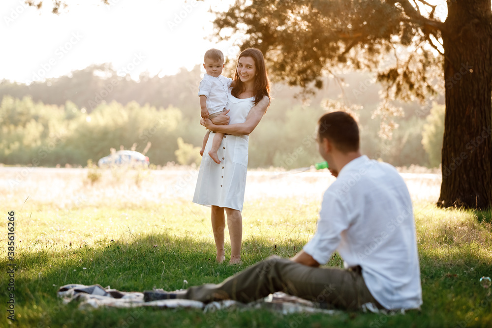 father, mother and son blow soap bubbles in the park together on a sunny summer day. happy family having fun outdoor father, mother and son blow soap bubbles in the park together on a sunny summer day. happy family having fun outdoor