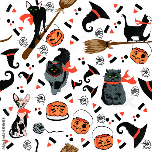 Los gatos de las brujas, patrón vector fondo para halloween