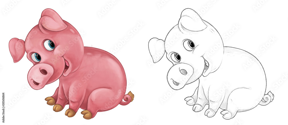 Cartoon sketch scene pig is standing looking and smiling - illustration Cartoon sketch scene pig is standing looking and smiling - illustration