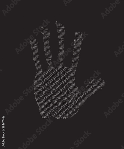 Grid print of human hand. Scanning the palm and fingers on the black background, grunge vector illustration. Decorative handprint