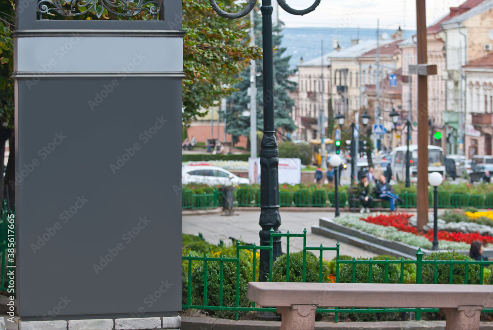 Rectangular sign on the building. Copy space and space for text. Mockup for design. Blank template for advertising. Rectangular sign on the building. Copy space and space for text. Mockup for design. Blank template for advertising.