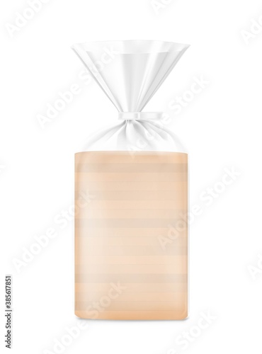 Bread package mockup. Transparent plastic bag with clip. Vector illustration Packaging template ready for your design, presentation, promo, adv. EPS10.	