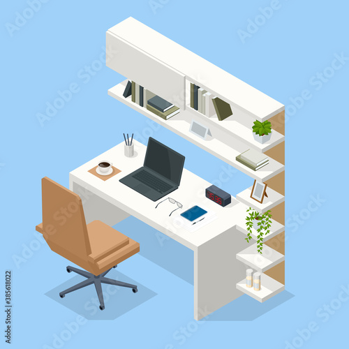 Isometric Contemporary workspace. Interior modern living room workspace with desk and desktop computer