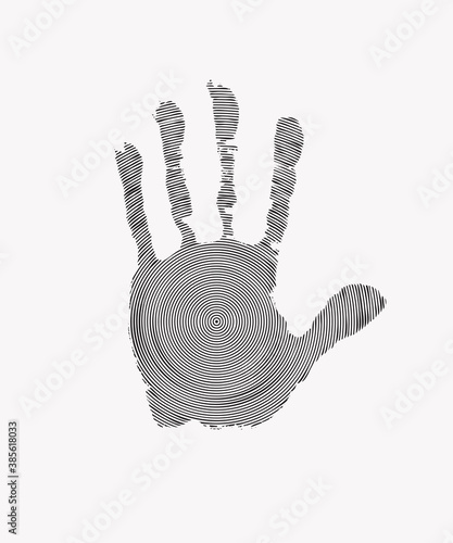 Print of human hand with concentric circles pattern. Scanning the palm and fingers on a light background, creative vector illustration. Decorative adult or child handprint