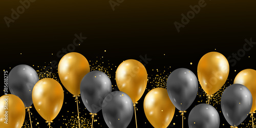 Vector background with 3D realistic glossy helium balloons and golden shiny confetti. Festive template for print, poster, new year, valentine, birthday, anniversary, celebration, wedding, event