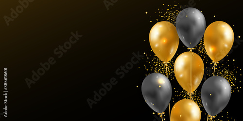 Vector background with 3D realistic glossy helium balloons and golden shiny confetti. Festive template for print, poster, new year, valentine, birthday, anniversary, celebration, wedding, event