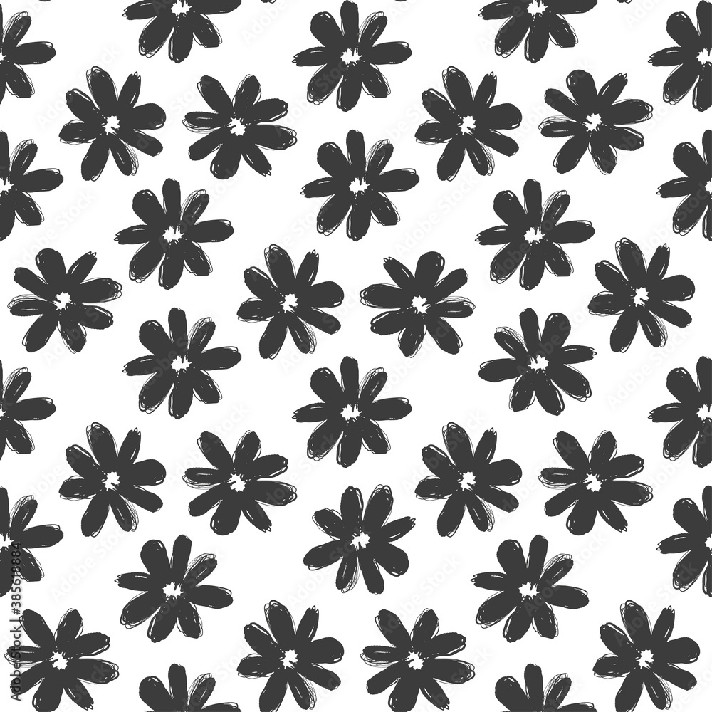 Beautiful black ink chamomile flowers isolated on white background. Floral monochrome seamless pattern. Vector flat graphic hand drawn illustration. Texture. Beautiful black ink chamomile flowers isolated on white background. Floral monochrome seamless pattern. Vector flat graphic hand drawn illustration. Texture.