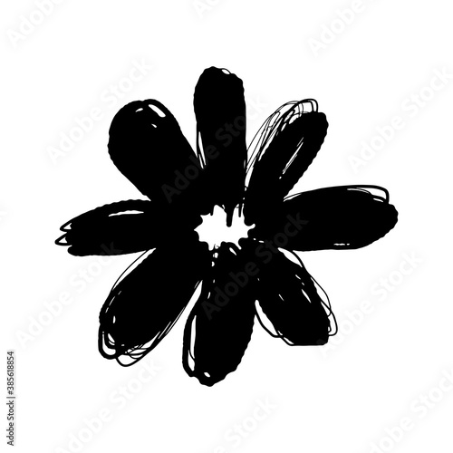 Flower icon. Black silhouette. Ink sketch drawing. Vector flat graphic hand drawn illustration. The isolated object on a white background. Isolate.