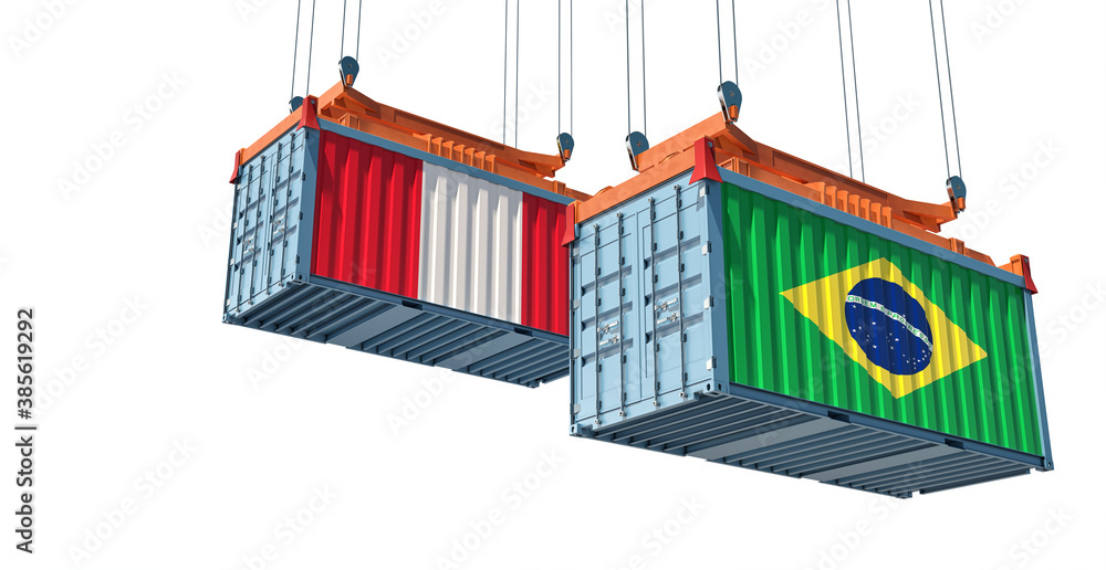 Freight containers with Brazil and Peru national flags. 3D Rendering ...
