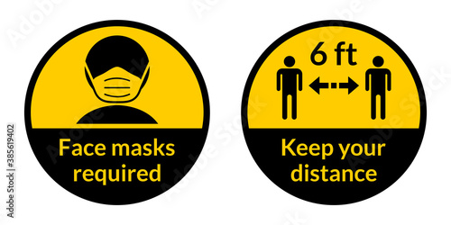 Set of Round Coronavirus Covid-19 Instruction Sticker Icons including Face Masks Required and Keep Your Distance 6 ft or 6 Feet. Vector Image.